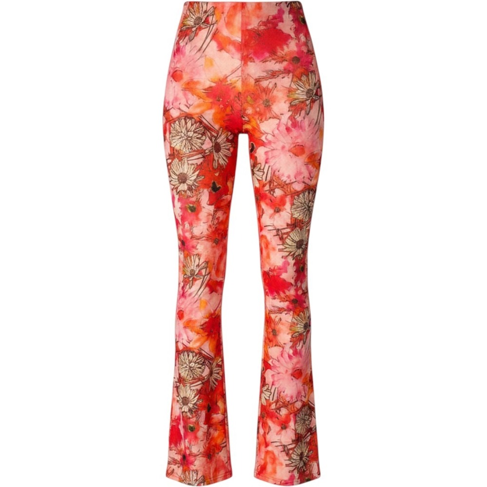 Tiger Mist Floral Mesh Flare Pants XS Red Orange Bell Bottom Y2K Retro Costume